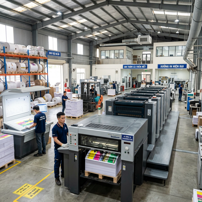 Workers operating printing machines inside a commercial printing facility