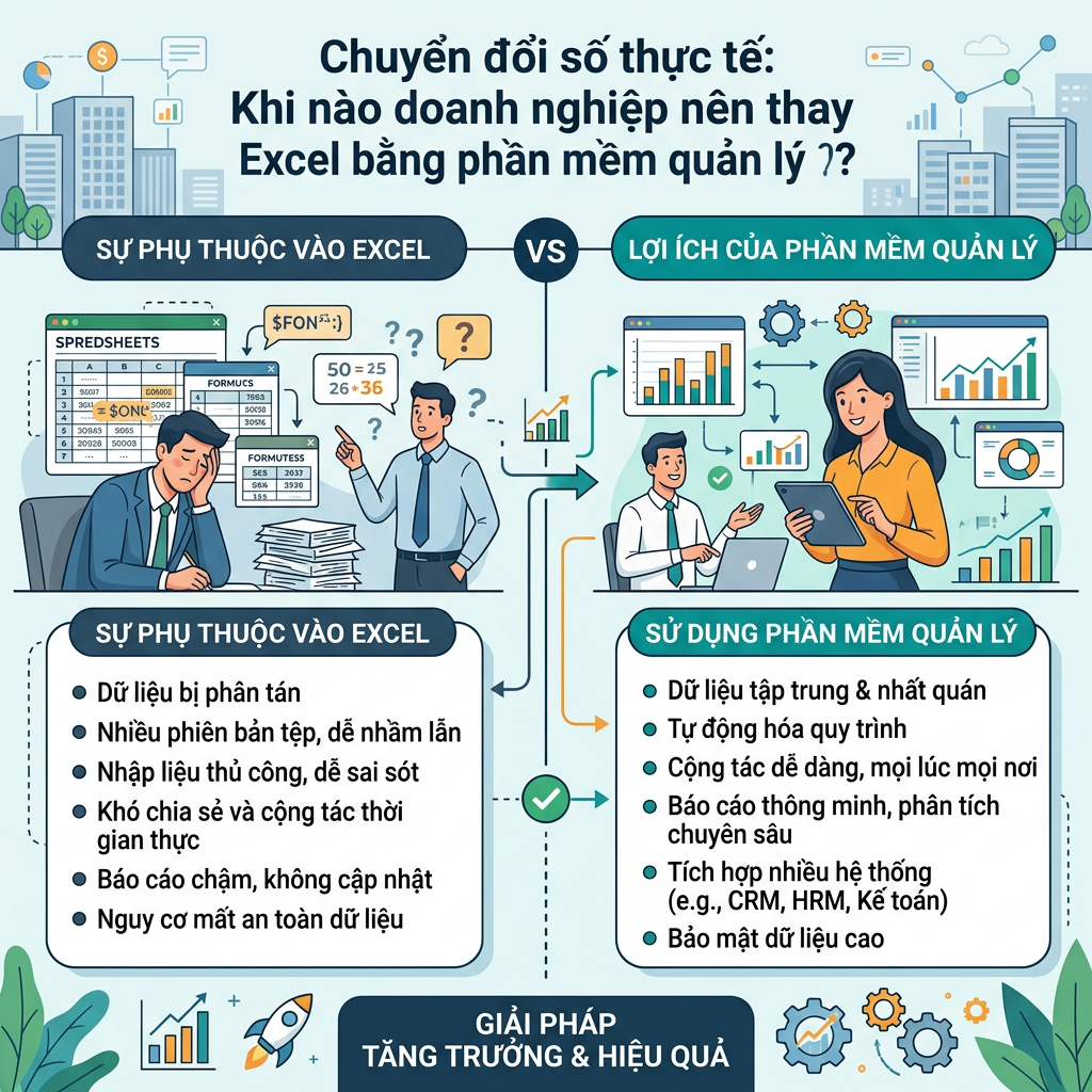 Infographic tiếng Việt: chuyển đổi số thực tế, khi nào doanh nghiệp nên thay Excel bằng phần mềm quản lý; so sánh sự phụ thuộc vào Excel với lợi ích và giải pháp tăng trưởng, hiệu quả.