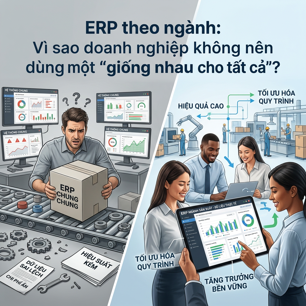 ERP theo ngành: Vì sao doanh nghiệp không nên dùng một “giống nhau cho tất cả”? ERP chung, dữ liệu sai lệch, hiệu suất kém, chi phí ẩn; ERP ngành sản xuất, hiệu quả cao, tối ưu hóa quy trình, tăng trưởng bền vững.