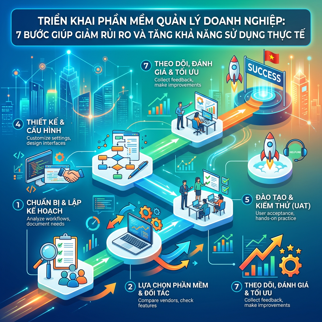 TRIỂN KHAI PHẦN MỀM QUẢN LÝ DOANH NGHIỆP: 7 BƯỚC GIÚP GIẢM RỦI RO VÀ TĂNG KHẢ NĂNG SỬ DỤNG THỰC TẾ; 1 CHUẨN BỊ & LẬP KẾ HOẠCH; 2 LỰA CHỌN PHẦN MỀM & ĐỐI TÁC; 4 THIẾT KẾ & CẤU HÌNH; 5 ĐÀO TẠO & KIỂM THỬ (UAT); 7 THEO DÕI, ĐÁNH GIÁ & TỐI ƯU; SUCCESS; HELPUNG