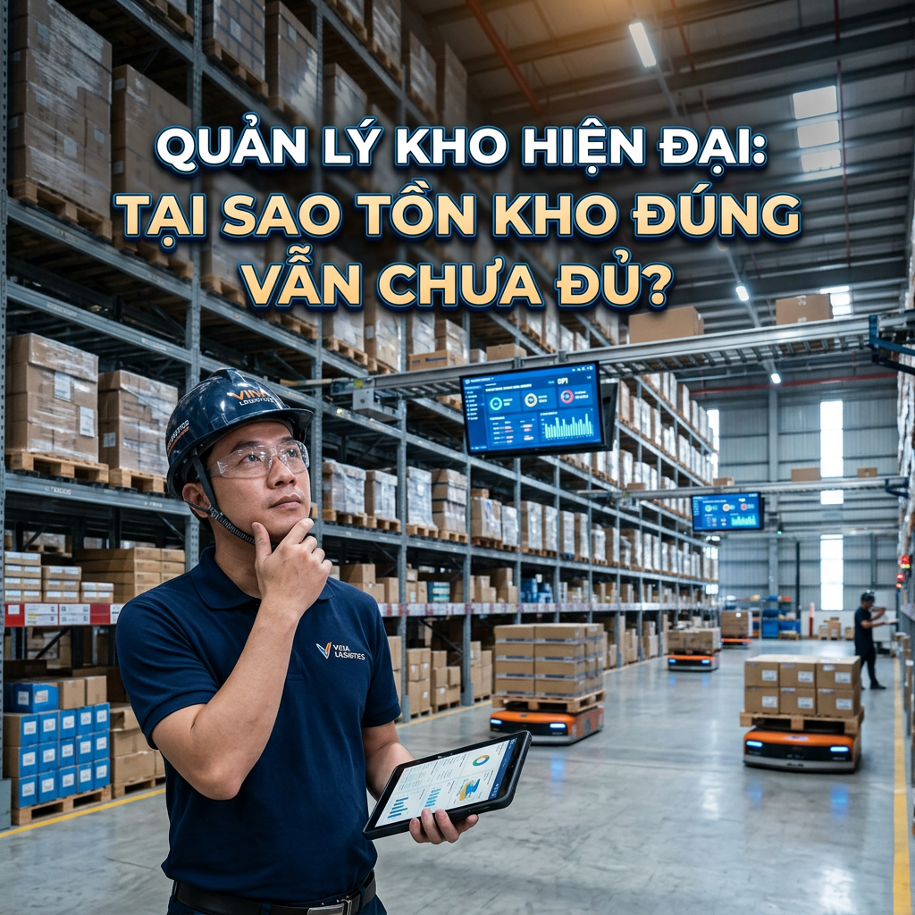 Quản lý kho hiện đại: Tại sao tồn kho đúng vẫn chưa đủ? Nhân viên cầm máy tính bảng trong kho với robot tự động.