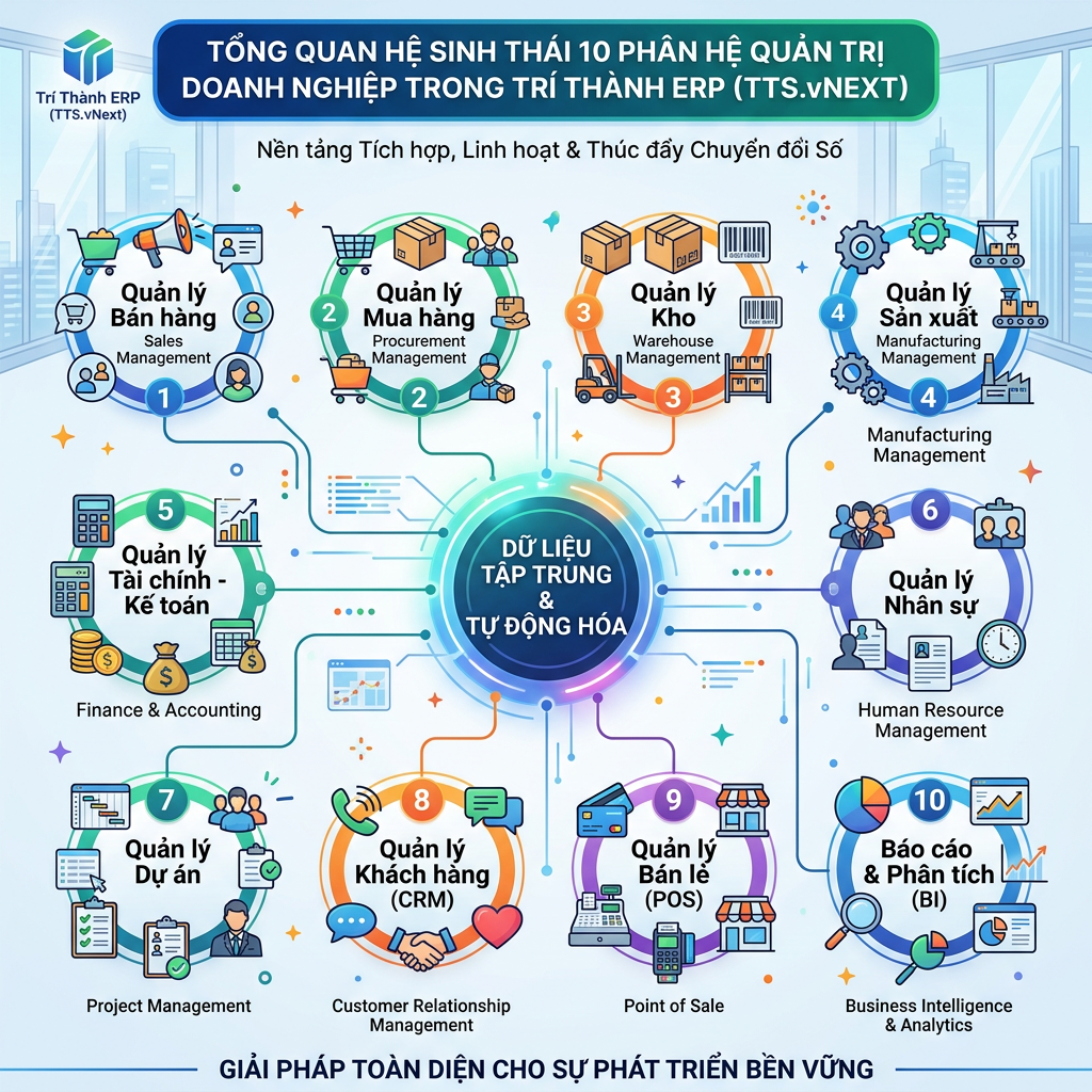 Infographic Trí Thành ERP với 10 phân hệ quản trị doanh nghiệp