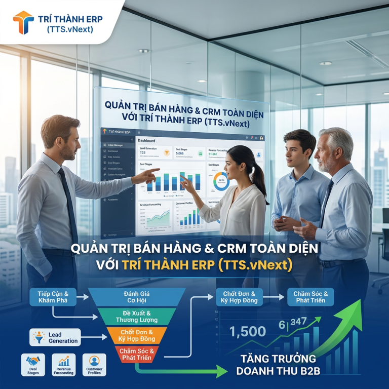 Trí Thành ERP CRM dashboard with B2B sales funnel and revenue growth graphic